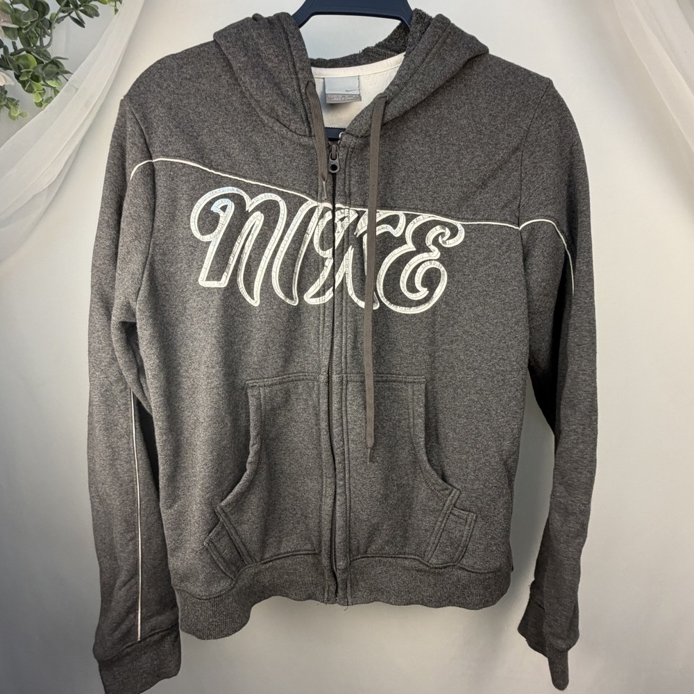 Vintage Nike Spellout Zip Up Hoodie Size Large Gray Swoosh Y2K